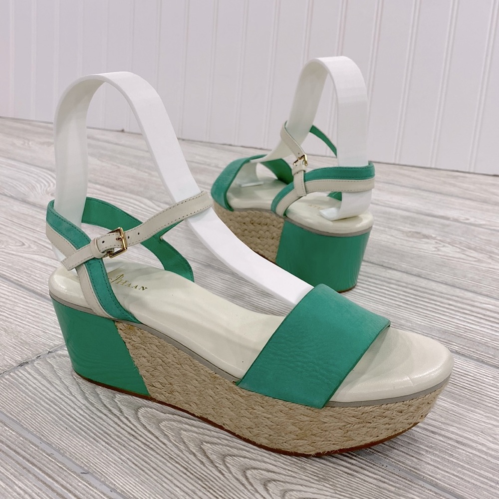 Cole Haan Arden Green White Espadrille Wedge Sandals - sz 6